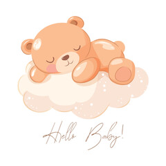 Vector illustration card hello baby with bear sleeping on cloud. Isolated on white background. Hand drawn clipart. Perfect for card, postcard, tags, invitation, printing, wrapping.