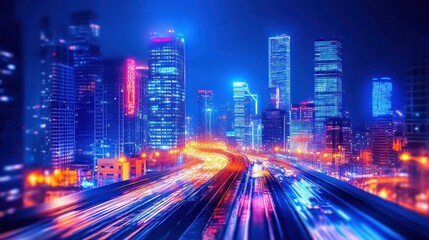 Obraz premium Neon-lit city highway at night