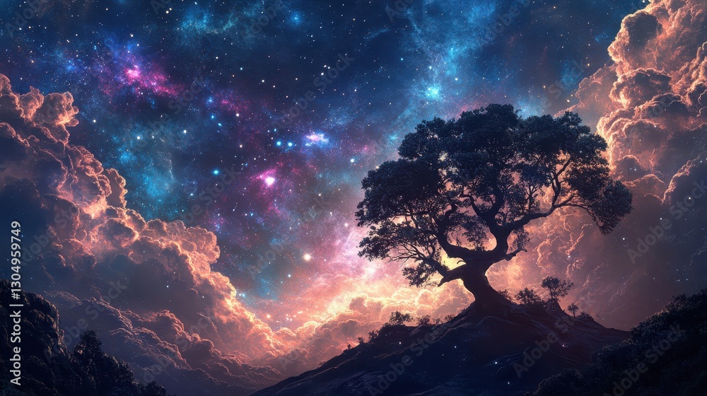 Wall mural ethereal landscape with trees made of shimmering cosmic light set against a softly painted nebula sk