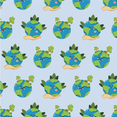 Fototapeta premium Vector seamless pattern of the Earth. A backdrop replicating Earth day, with the sweet smiling planet kawaii. Eco-friendly digital paper with a globe and a forest. Ecological design for wallpaper, tex