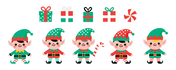 Cute little elf character set. Christmas holidays cartoon collection. Present box illustration set