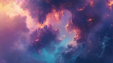 Fototapeta premium Cosmic wallpaper of a glowing ethereal forest suspended in space surrounded by soft purples teals and warm golds