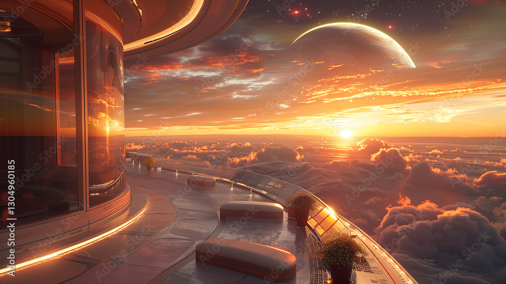 Poster this passengers relax on a balcony overlooking colorful clouds and distant planets at sunset.
