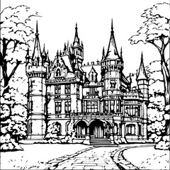 Fototapeta premium architecture, sketch, building, coloring page, drawing, church, vector, city, illustration, old, castle, travel, europe, art, tower, house, paris, cathedral, town, vintage, landmark, design, ancient, 