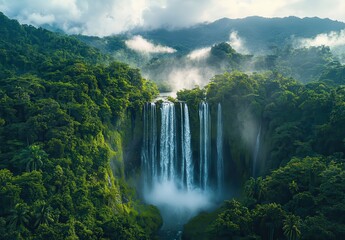 Fototapeta premium Majestic Waterfall Surrounded by Lush Green Jungle in a Serene Landscape with Mist and Mountains in the Distance Captured from Above