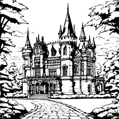 Naklejka premium architecture, sketch, building, coloring page, drawing, church, vector, city, illustration, old, castle, travel, europe, art, tower, house, paris, cathedral, town, vintage, landmark, design, ancient, 