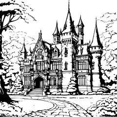 Obraz premium architecture, sketch, building, coloring page, drawing, church, vector, city, illustration, old, castle, travel, europe, art, tower, house, paris, cathedral, town, vintage, landmark, design, ancient, 