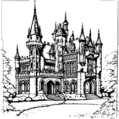 architecture, sketch, building, coloring page, drawing, church, vector, city, illustration, old, castle, travel, europe, art, tower, house, paris, cathedral, town, vintage, landmark, design, ancient, 