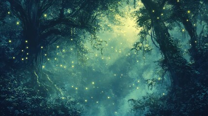 Fototapeta premium Mystical jungle with glowing vines hanging from trees glowing particles drifting in the air under a deep blue mist