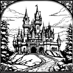 Obraz premium architecture, sketch, building, coloring page, drawing, church, vector, city, illustration, old, castle, travel, europe, art, tower, house, paris, cathedral, town, vintage, landmark, design, ancient, 