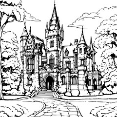 Fototapeta premium architecture, sketch, building, coloring page, drawing, church, vector, city, illustration, old, castle, travel, europe, art, tower, house, paris, cathedral, town, vintage, landmark, design, ancient, 