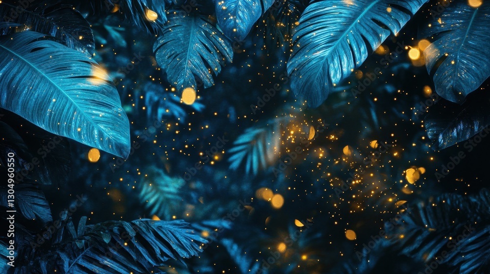Canvas Prints glowing jungle with blue and emerald leaves fading into misty twilight golden fireflies floating aro