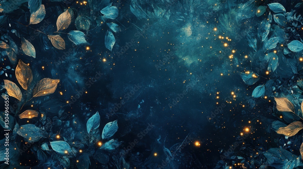 Canvas Prints deep jungle with glowing emerald and blue leaves and golden sparks floating through the misty twilig