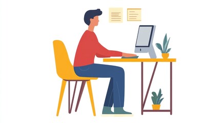 Man working at computer in office setting; illustration