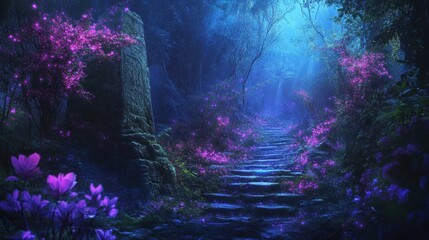 Obraz premium Bioluminescent pathway with sapphire vines and neon flowers in a glowing forest bathed in moonlit mist