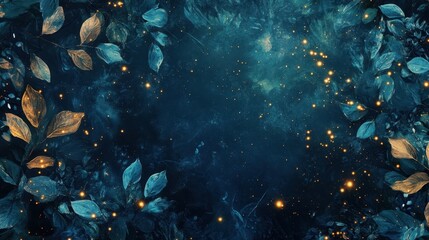 Deep jungle with glowing emerald and blue leaves and golden sparks floating through the misty twilight like fireflies