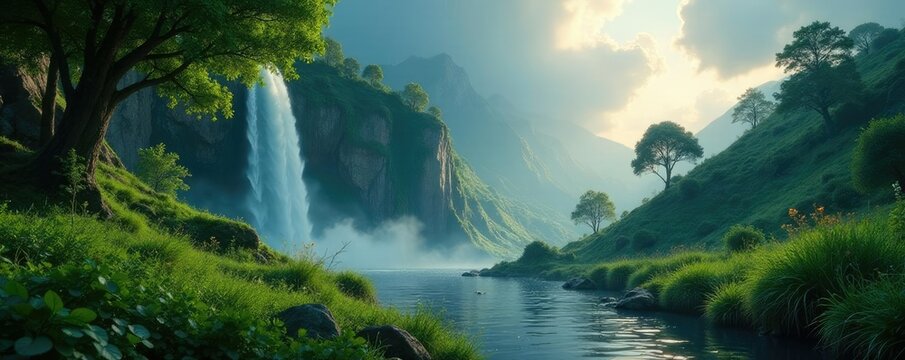 Lush landscape with rainwater and Tefnut's presence, water, rain, natural