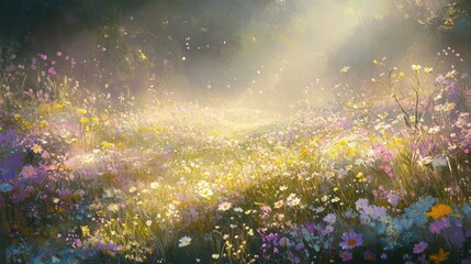 Fototapeta premium Pastel wildflowers in a misty fairytale field under the warm morning sun