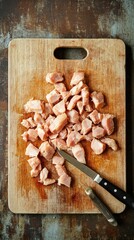 Fototapeta premium Chopped chicken pieces on a wooden cutting board
