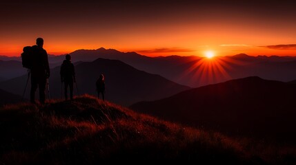 Hikers silhouette overlooking the mountain range at sunset, enjoying the golden hour landscape