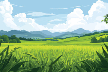 Green Rice field and sky landscape background, Flat style cartoon vector illustration