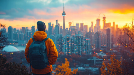 Naklejka premium person gazes at vibrant city skyline during sunset