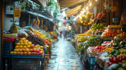 Obraz premium Vibrant market filled with fresh fruits and vegetables