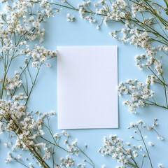 Blank White Paper Framed by Delicate White Flowers on a Light Blue Background. ai generated