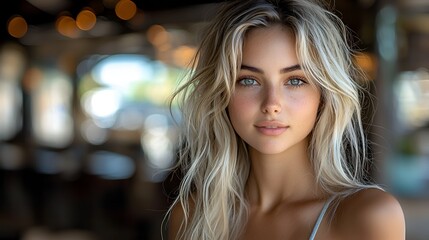 Obraz premium Woman portrait, outdoor cafe, casual style, beauty shot