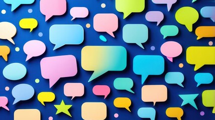 Blue background with many different colored speech bubbles