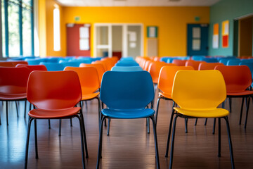 Colorful chairs arranged in bright room for event