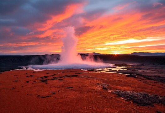 a geothermal area with steaming vents and mud pots at sunrise or sunset.