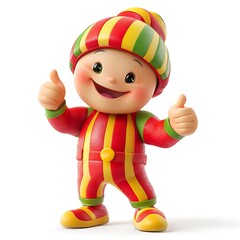 Happy Cartoon Character: A cheerful cartoon character with red and yellow striped clothes gives two thumbs up, radiating positivity and good cheer.