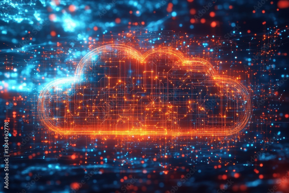 Poster futuristic cloud computing network with glowing circuitry and data flowing in a digital space