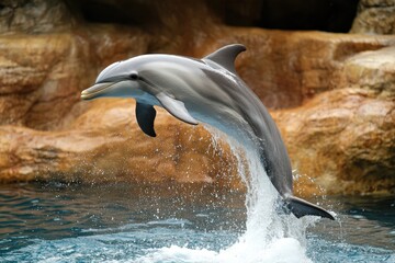 Obraz premium Captivating dolphin leaping gracefully from the water in a dynamic display of nature's beauty and aquatic animal power with a natural rock background