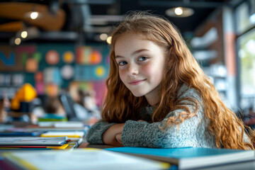 girl with curly red hair smiles in cozy library setting