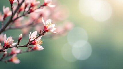 Delicate Spring Blossoms on a Branch, Soft Light and Gentle Bokeh Background