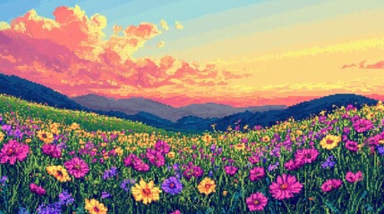 Obraz premium Pixelated meadow filled with wildflowers rolling hills and a warm sunset sky with pixel clouds in a soft pink-blue gradient