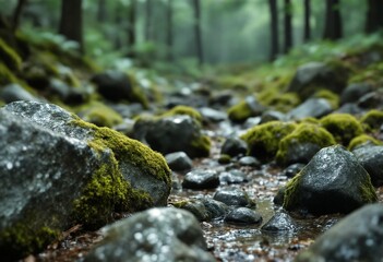 Fototapeta premium A forest path with rocks and moss.