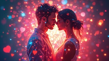 Romantic couple sharing an intimate moment surrounded by colorful heart-shaped bokeh lights in a soft, dreamy atmosphere during a magical evening together.
