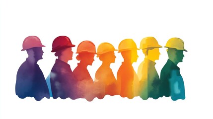 Colorful construction workers silhouette, artistic construction workers in watercolor, abstract construction workers painting, Colorful silhouettes of construction workers.