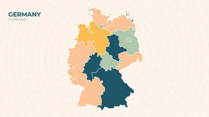 Map of Germany isolated modern colorful State. Use for Website Layouts, Background, Education, Customizable, Travel Worldwide, Silhouette Backdrop, Earth Geography, Political.