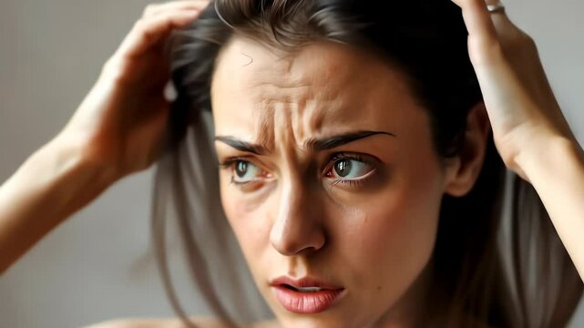 woman very sad and upset looking at damaged hair, hair loss, hair thinning problem, vitamin deficiency, baldness, postpartum, biotin, zinc, menstrual or endocrine disorders, hormonal imbalance
