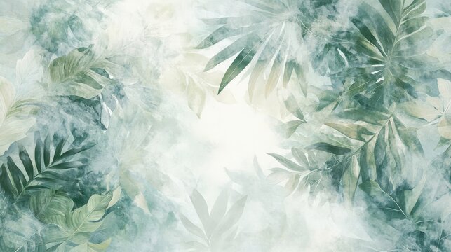 Watercolor-painted jungle leaves and mist creating a dreamy rainforest effect