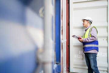 Customs clearance officer or shipyard engineer is inspects against the import - export cargo...