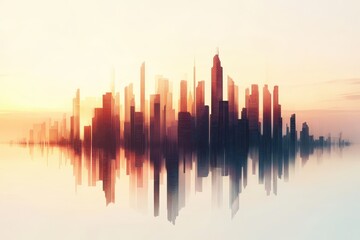 Obraz premium Sunset reflection of a modern city skyline over calm waters in an urban landscape