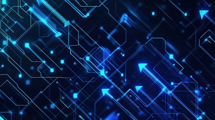 Obraz premium Futuristic blue arrow symbolizing forward momentum, digital technology concept with glowing dots and lines, abstract geometric pattern, neon lights, dark background, high-tech visualization, cyber aes