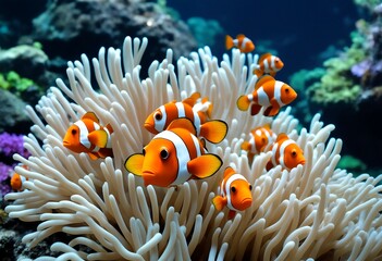 clownfish swimming in anemone.