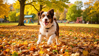 Joyful Border Collie leaping in colorful autumn leaves, playful spirit