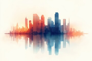 Fototapeta premium Colorful urban skyline reflecting on water during sunset, showcasing city architecture and tranquility